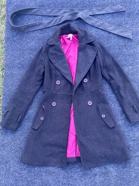 Dark Gray Double-Breasted Wool Coat with Pink Lining